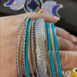 Silver and Blue Bangle Bracelet Set